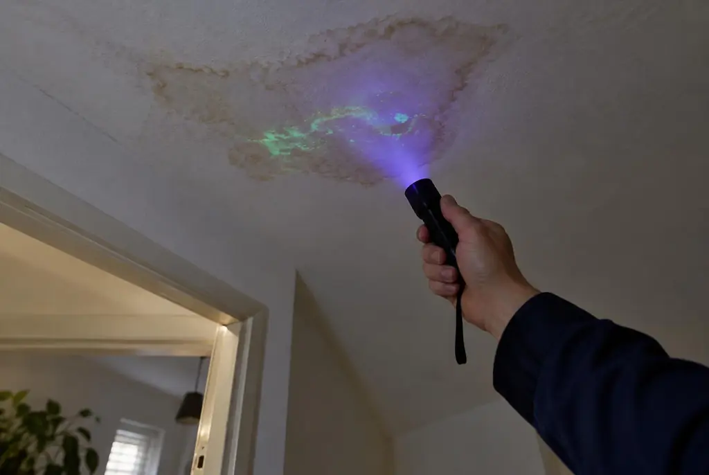 Lekdetectie Urk – kleurstof controleren op het plafond met uv-licht