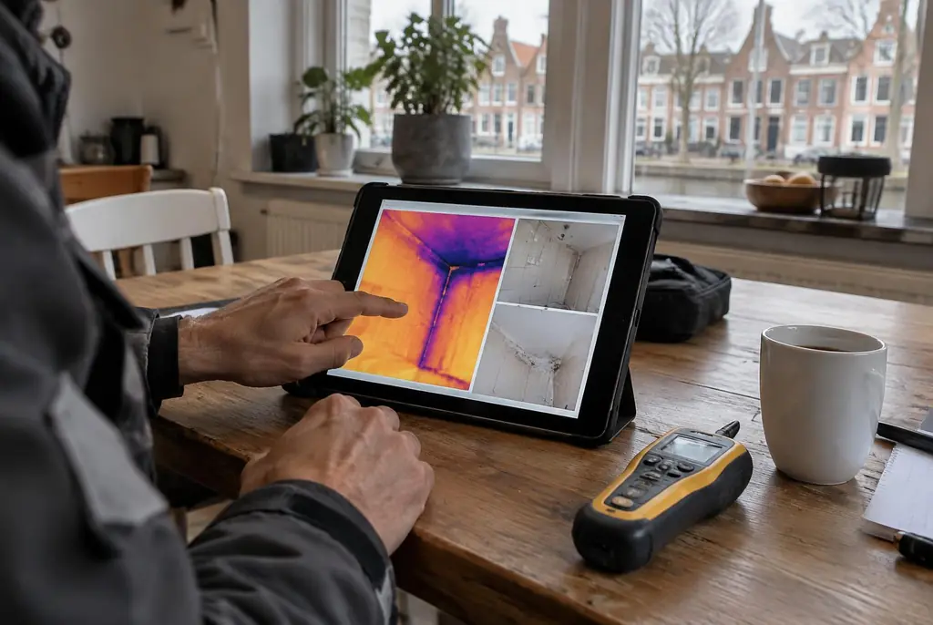Lekdetectie Urk – lekdetectierapport met warmtebeelden en foto's op een tablet