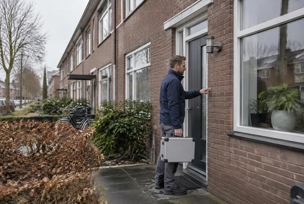 Lekdetectiespecialist met meetkoffer bij de voordeur van een woning in Urk